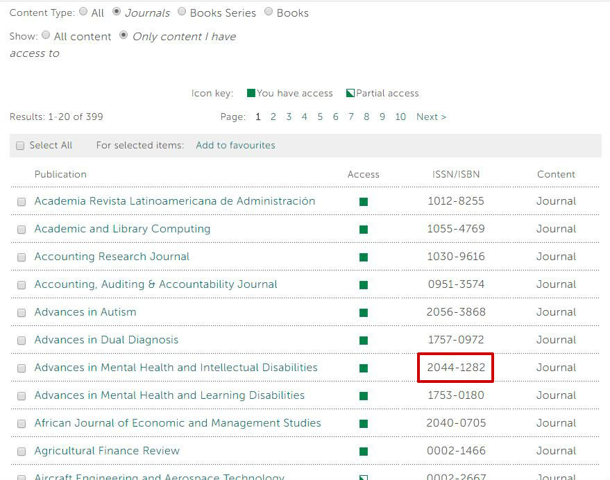 screen sample of the Emerald website with 'browse by title' and 'browse by subject' highlighted