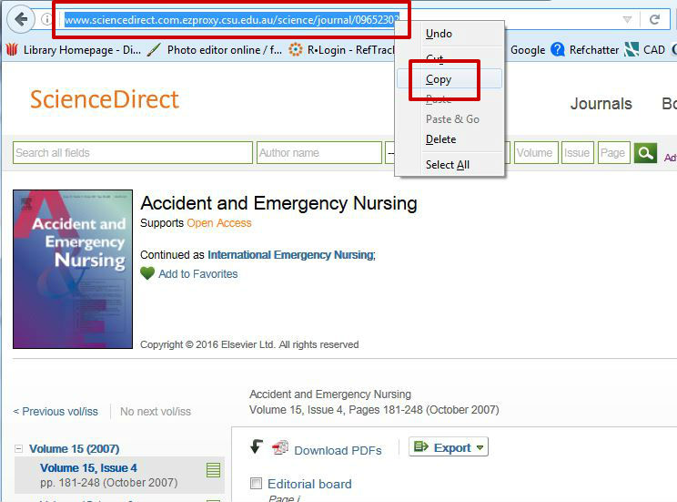 screen sample of the ScienceDirect website with the address bar URL highlighted