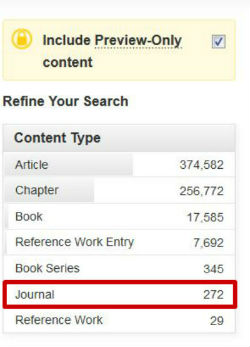 screen sample of the SpringerLink website with the 'Journal' refinement option highlighted