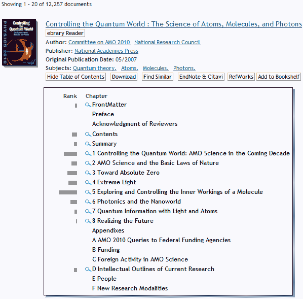 screen sample of the ebrary website displaying the expanded table of contents