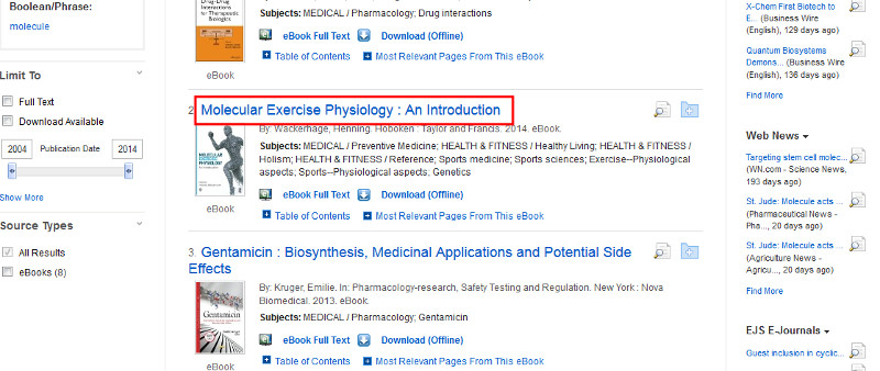 screen sample of the EBSCOhost website with the book title highlighted