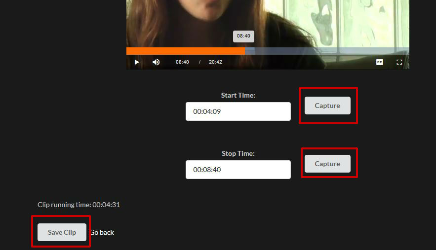 screen sample of the Kanopy website with the start, stop and Save clip highlighted