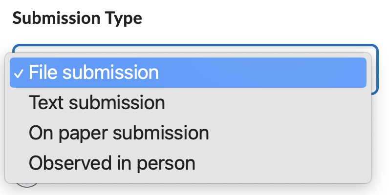 Screen capture image of a drop-down menu in Brightspace labelled Submission Type