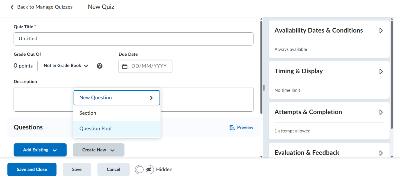 Screenshot showing Create Quiz dialogue with the Create New drop-down options displayed with Question Pool highlighted