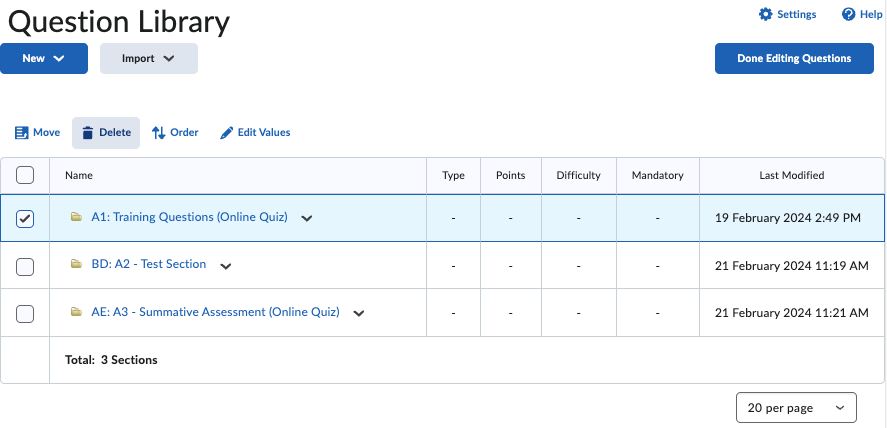 Screenshot showing a list of sections in the Question Library, the checkboxes next to the sections and the Delete button highlighted