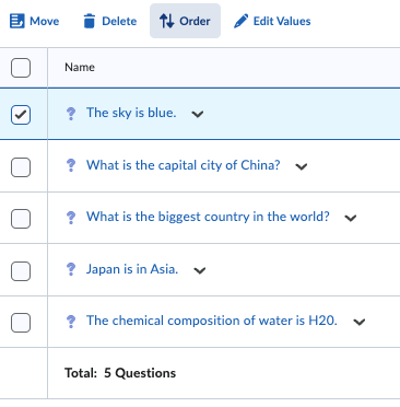 Screenshot showing a section in the Question Library with the Order button highlighted