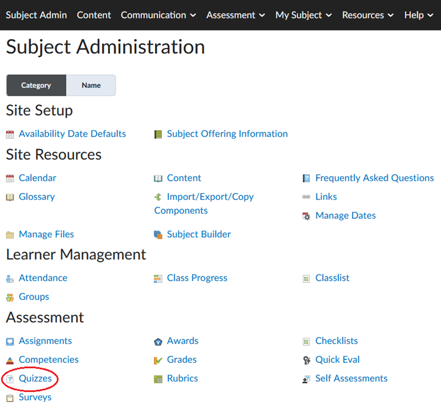 Quizzes option is highlighted on the Subject Admin screen