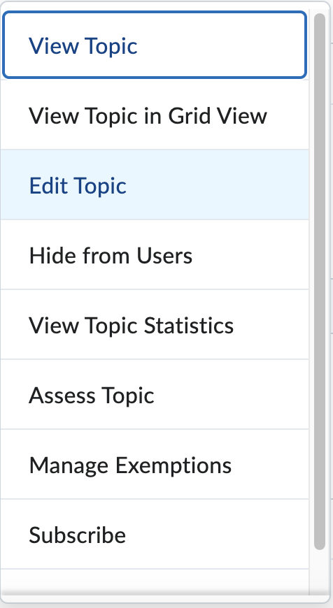 Screenshot showing the Actions drop-down menu with Edit Topic highlighted