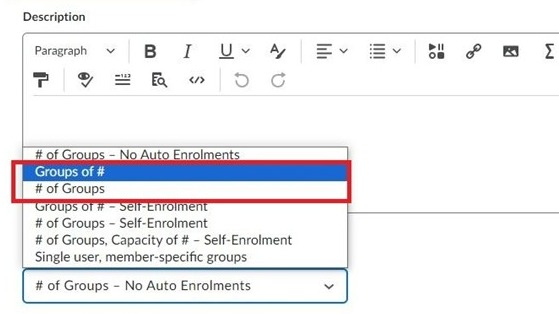 A screenshot of the Groups tool in Brightspace. The Category Name and Enrolment Type are selected