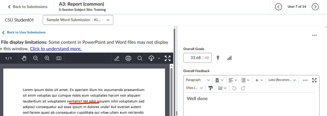 Assignment evaluation screen