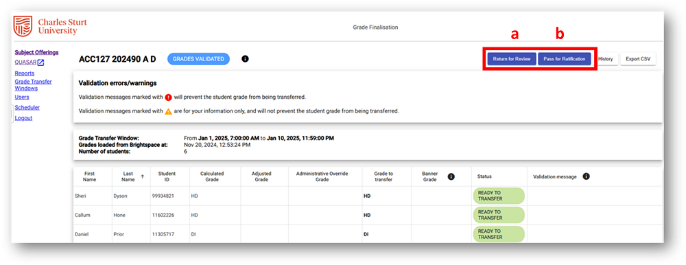 The Return for Review and Pass for Ratification buttons in the Grade Finalisation tool