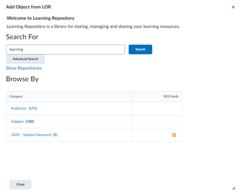 Screen capture of Learning Repository. The image depicts the options for searching the Learning Repository either by using the search field or the Browse button 