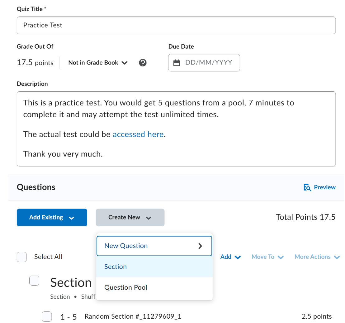 Screen capture of the New quiz screen. The image depicts how to create a section within the quiz by clicking Create New and selecting Section. 