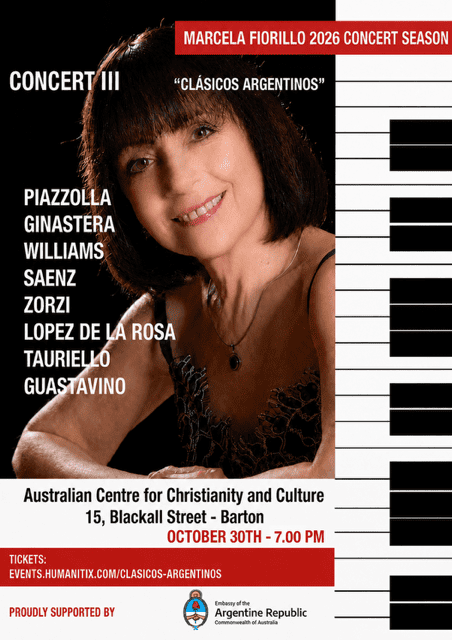 Marcela Fiorilla concert poster, showing Marcela smiling at the camera in evening wear