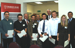 The six CSU students at the scholarship presentation today with (back row left to right) Warrick Beacroft, CSU Vice-Chancellor Ian Goulter, Member for Bathurst Gerard Martin, and Minister for Lands, Tony Kelly.