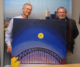 Australian Consul General Stefan Trofimovs (left) and CSU&rsquo;s Professor Rod Francis with a Lianne Lewis work depicting some Australian icons. 