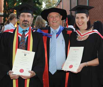 CSU prize-winning graduate Mr Ty Green (left) with CSU academic Dr Bill Anscombe and fellow prize-winning graduate, Ms Kylie Clark at their graduation from CSU on Monday 12 December 2011.