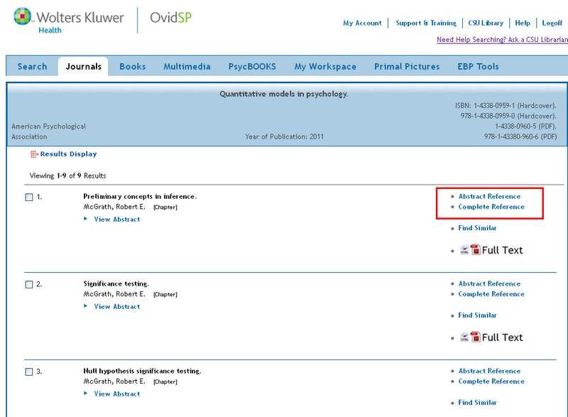 screen sample of the PsycBOOKS website with the 'Abstract Reference' and 'Complete Reference' links highlighted