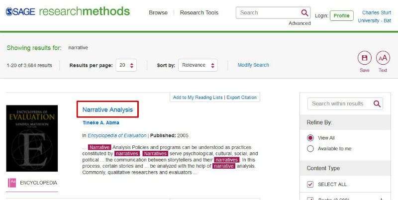 screen sample of the SAGE website the a chapter title highlighted