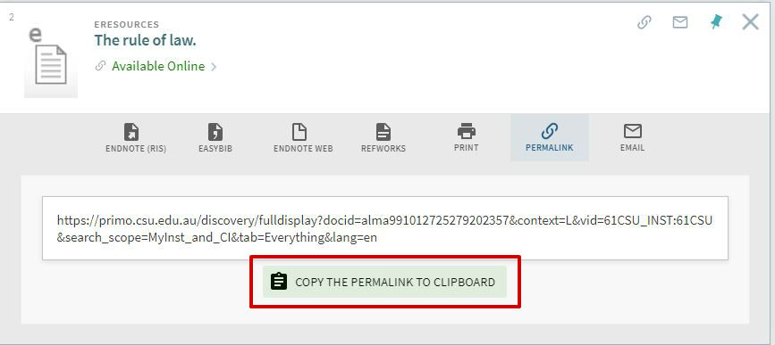 screen sample of eReserve permalink URL highlighted
