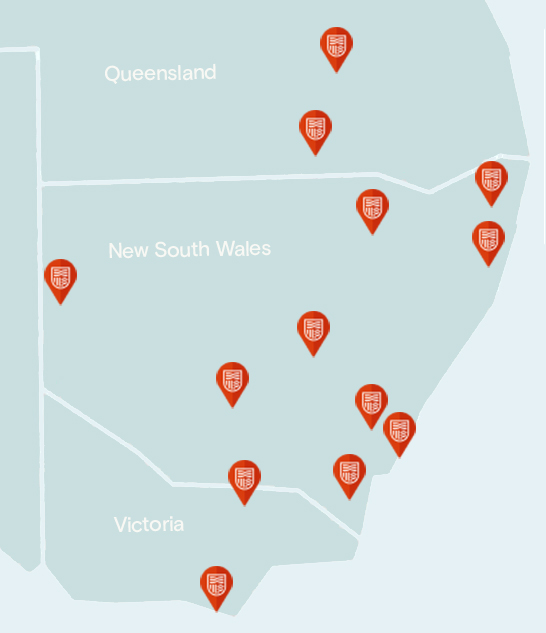 visual map of all charles sturt affiliated locations of Country Universities Centres