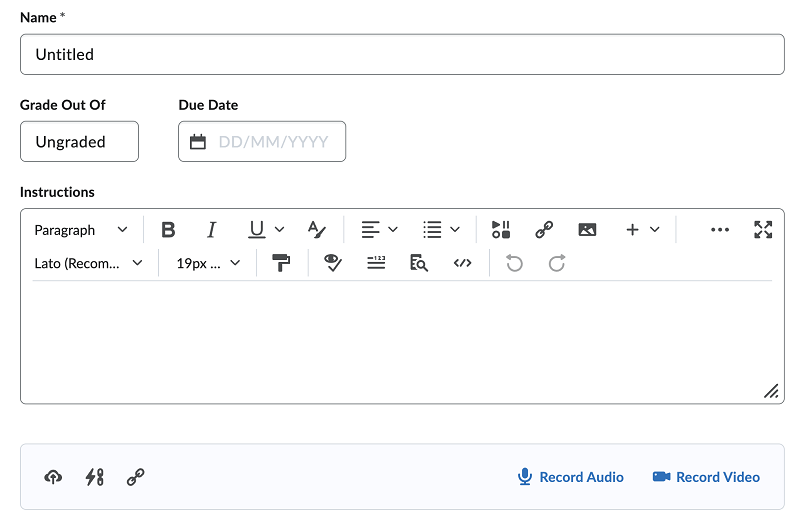 Screen capture image of the New Assignment screen in Brightspace, with a text entry field labelled Instructions