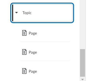 Screenshot of the Content screen in Brightspace, featuring a two-tiered organisation. The main topic is displayed at the top, followed by three HTML pages arranged beneath it. This image illustrates the hierarchical structure of the subject organisation within the platform