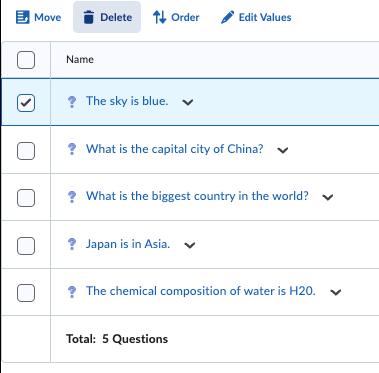 Screenshot showing a section in the Question Library with the Delete button highlighted