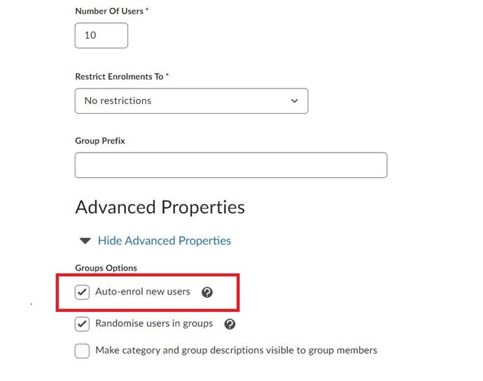 A screenshot of the Groups tool in Brightspace. The Auto-enrol new users checkbox has been selected
