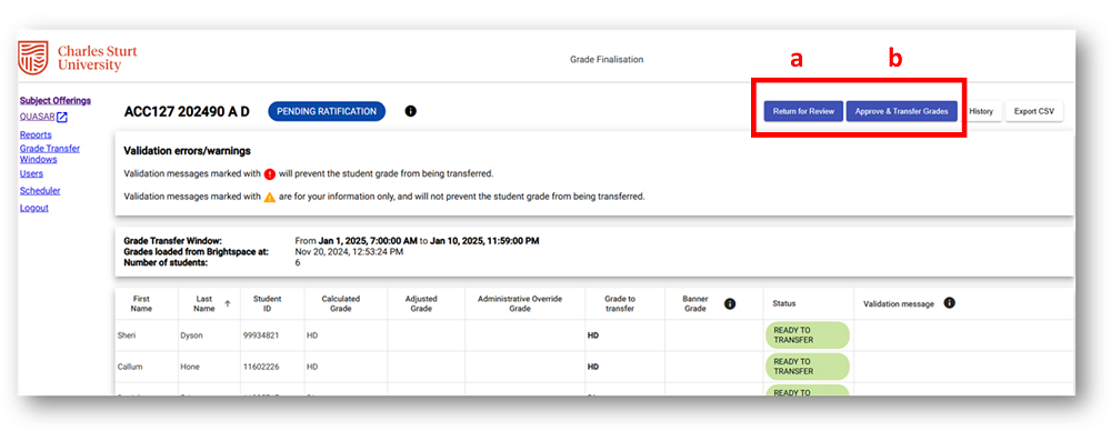 The Return for Review and Approve & Transfer Grades buttons in the Grade Finalisation tool