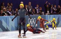 Steven Bradbury winning the Men's 1000 metres speed ice skating event at the 2002 Winter Olympics.
