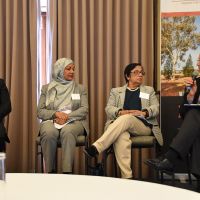 Chair Meredith Lake, Rabbi Shmueli Feldman, Mahjabeen Ahmad,  Professor Kalyani Mehta & Rt Rev Professor Stephen Pickard at the Interfaith Panel  discussion on the conference theme ‘Changing Cultures of Ageing and Spirituality’. Photograph by Sarah Stitt