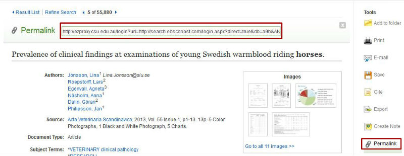 screen sample of the EBSCO website with the 'permalink' menu item and the 'permalink' URL box highlighted