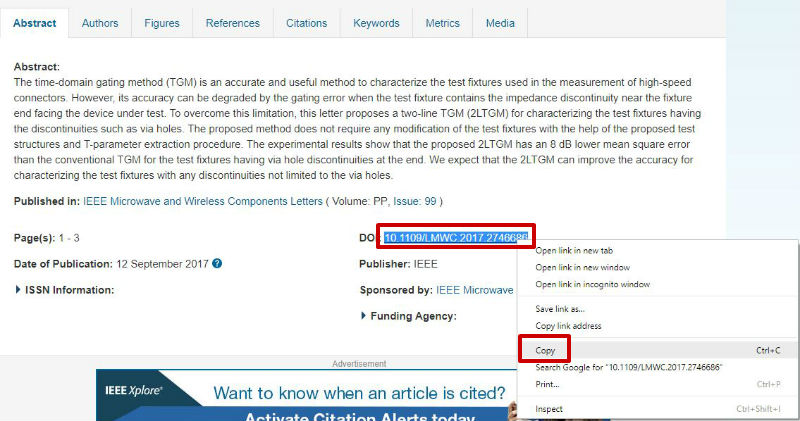 screen sample of the IEEE website with the 'DOI' highlighted