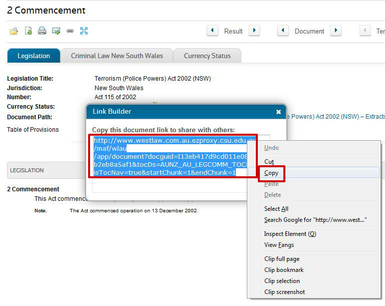 screen sample of the Westlaw website showing the 'Document Link' dialogue box with the link text highlighted
