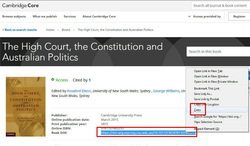screen sample of the Cambridge website with the 'Book DOI' highlighted