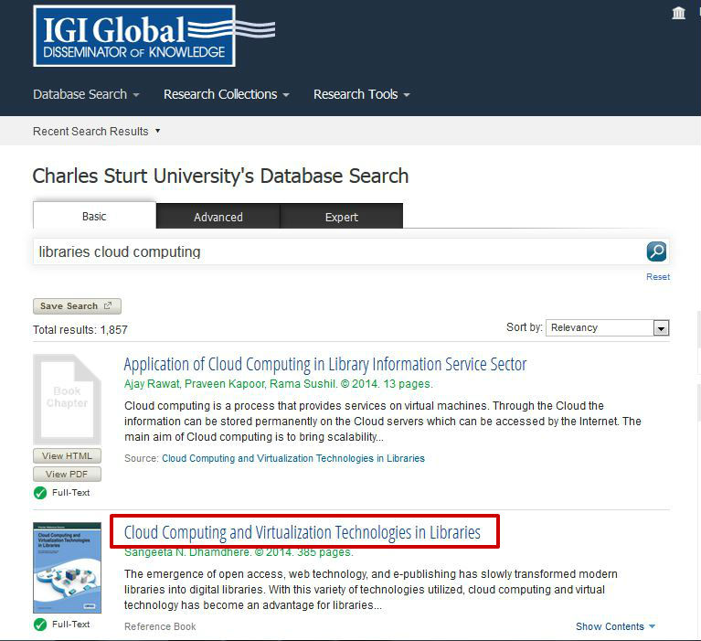 screen sample of the IGI website with the book title highlighted