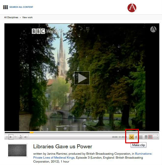 screen sample of the Alexander Street Press Video website with the 'create a clip' icon highlighted