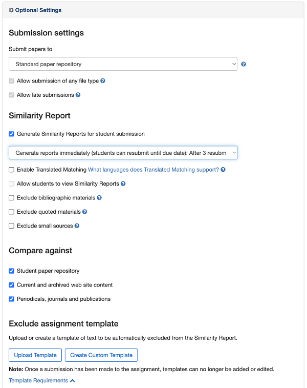 Screen capture image of the Turnitin Optional Settings window in Brightspace