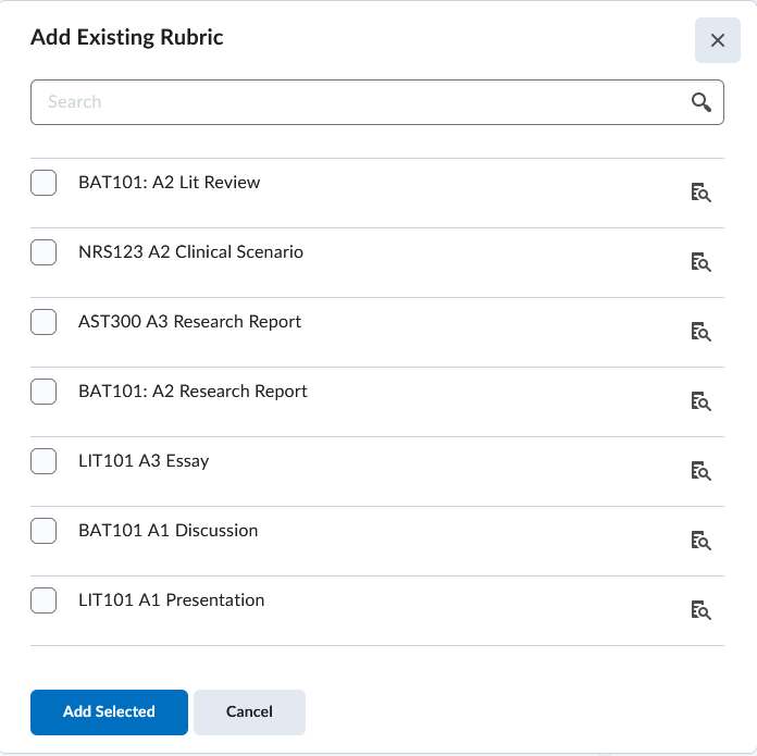 Adding an existing rubric to your assessment