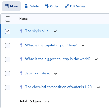 Screenshot showing a section in the Question Library with the Move button highlighted.]