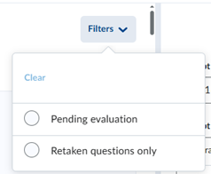 The Filters drop-down, allows you to see questions that are Pending evaluation or Retaken questions only