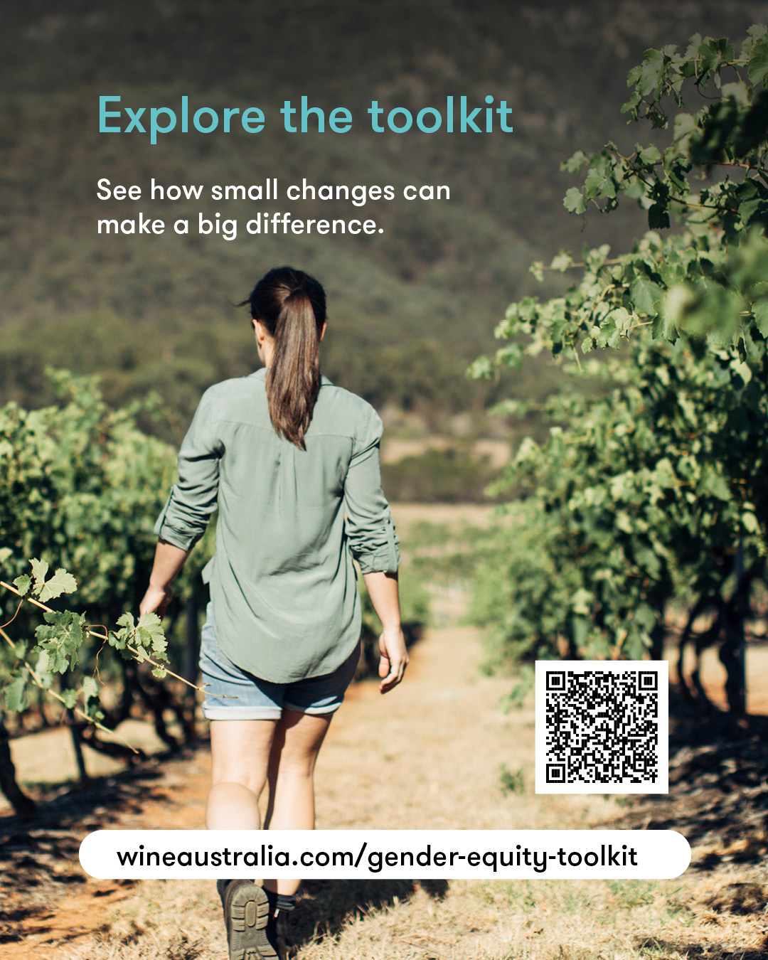 Person walking away through grape vines. Text reads: Explore the toolkit