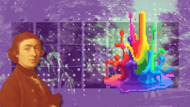 The background features a forest, which has been edited with a purple filter. An image of an old 18th/19th-century painter in an orange filter overlays the image in the right corner. The centre of the image features a visual dataset which blends into the forest background. On the left, there is also a rainbow digital slop. 