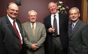 (left to right) Chancellor Lawrie Willett, Professor Cliff Blake, David Asimus and Vice-Chancellor Ian Goulter at the special 30 year presentation dinner for CD Blake in Wagga last week