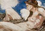 Rupert Bunny, 1864-1947, ‘Reclining Nude&rsquo; c.1898. Monotype, printed in colour oil paint, from one zinc plate, on thick blotting paper. Sheet size: 24.7 x 34.7cm.