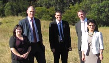 (From left) Port Macquarie-Hastings Council laboratory manager Dr Maree Smith, Port Macquarie-Hastings Mayor Peter Besseling, CSU Vice-Chancellor Professor Andrew Vann, Independent Member for Lyne the Hon. Rob Oakeshott, campus director for CSU in Port Macquarie Dr Muyesser Durur.