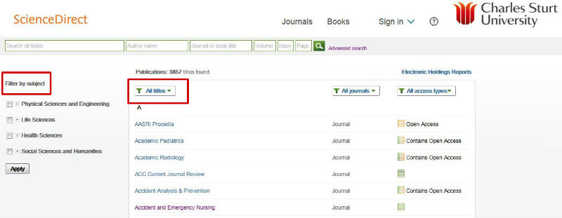 screen sample of the ScienceDirect website with the 'filter by subject' and 'all titles' options highlighted