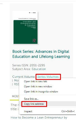 Screen sample of the Emerald eBooks website with the 'Copy link location' link highlighted, visible with right click of mouse on the 'Series volumes' link