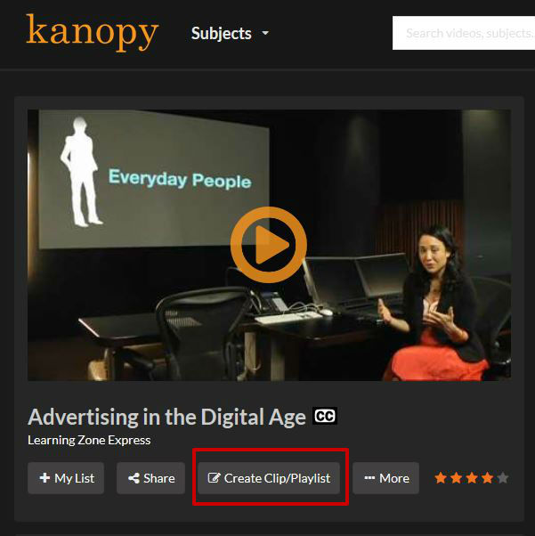 screen sample of the Kanopy website with the Create clip/playlist link highlighted